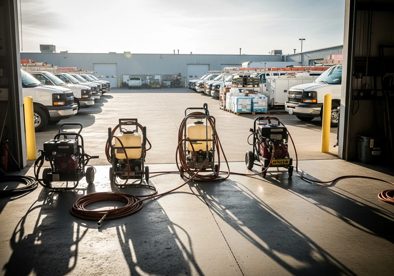Exterior cleaning crew with professional equipment and branded vehicles ready for service.
