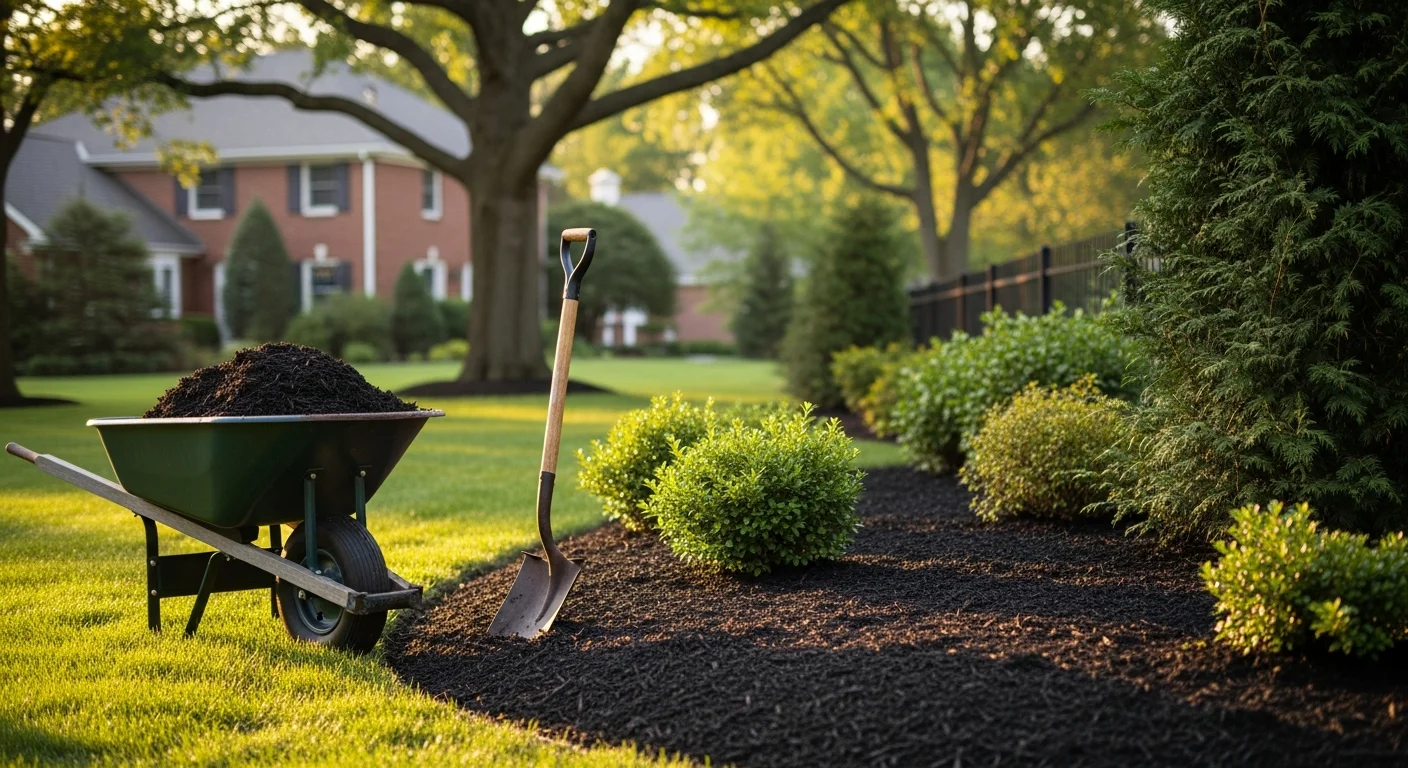 Bulk landscape supply delivery truck unloading mulch and stone materials