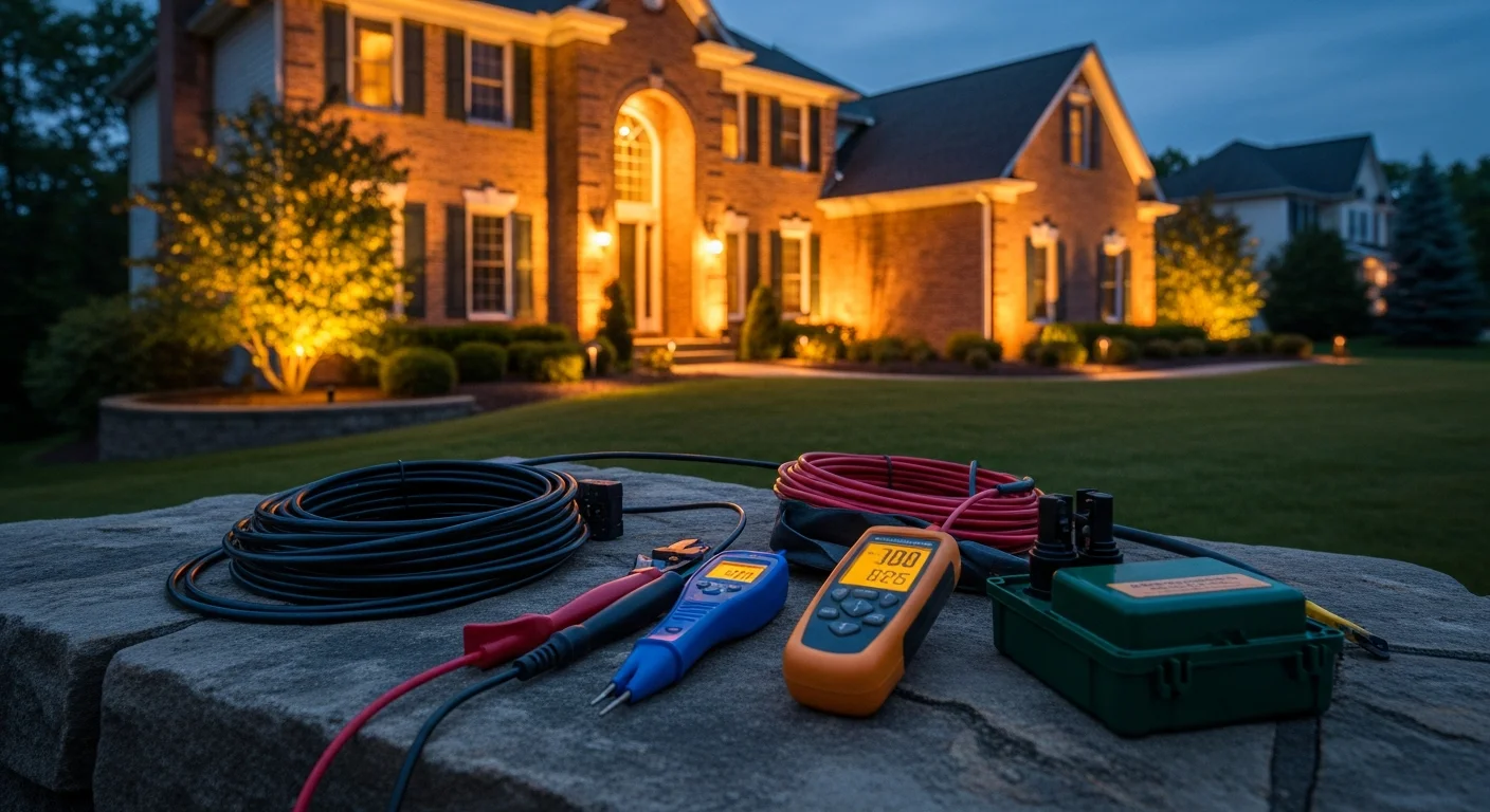 Residential home with warm landscape lighting installed along walkway and trees