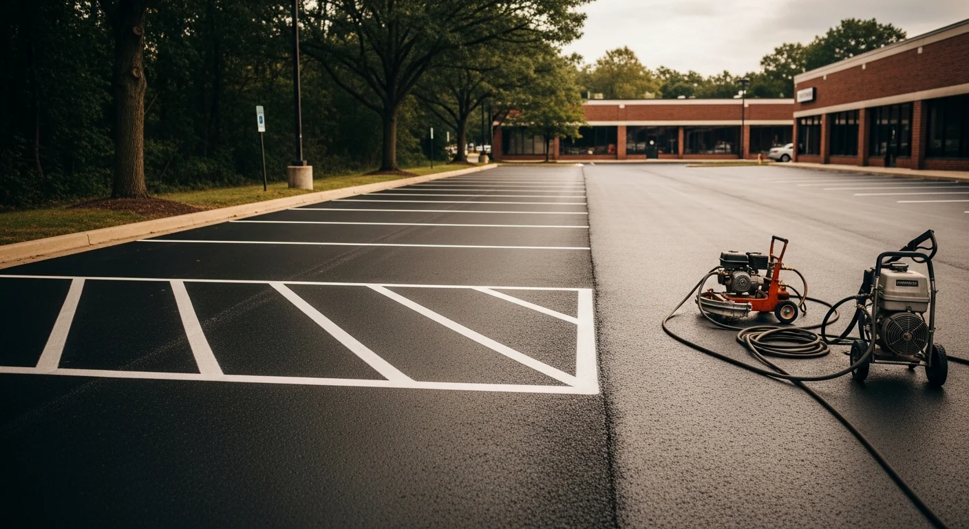 Commercial parking lot with fresh asphalt sealcoating and line striping