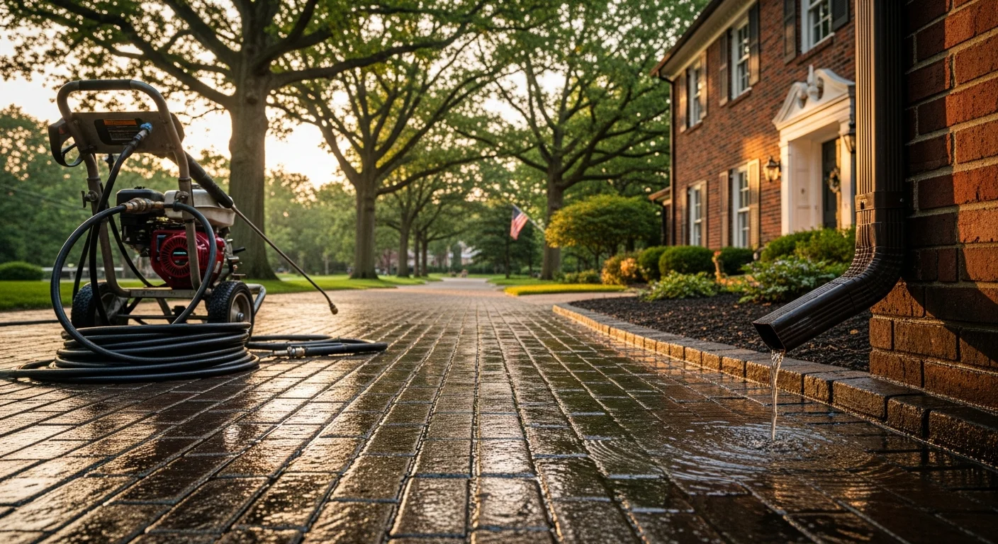 Professional pressure washing truck cleaning a residential driveway in Michigan