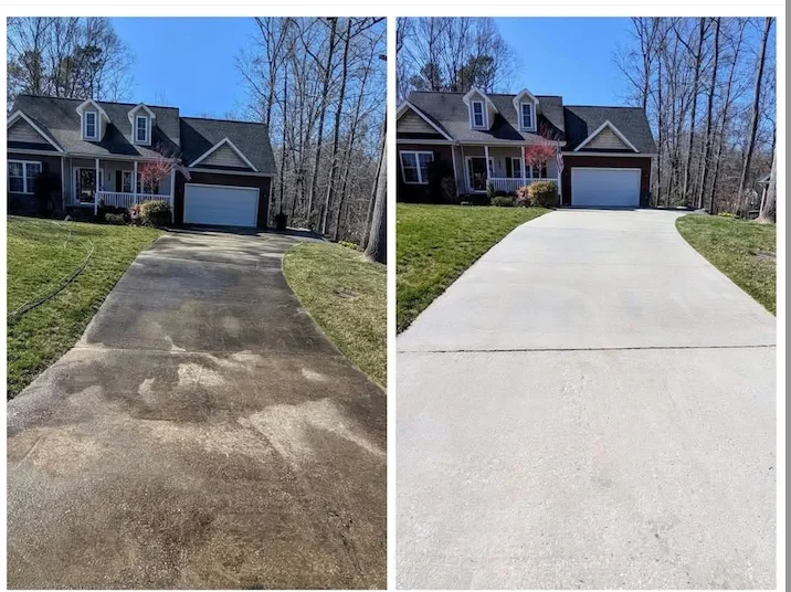 Before and after pressure washing of concrete driveway with stain removal