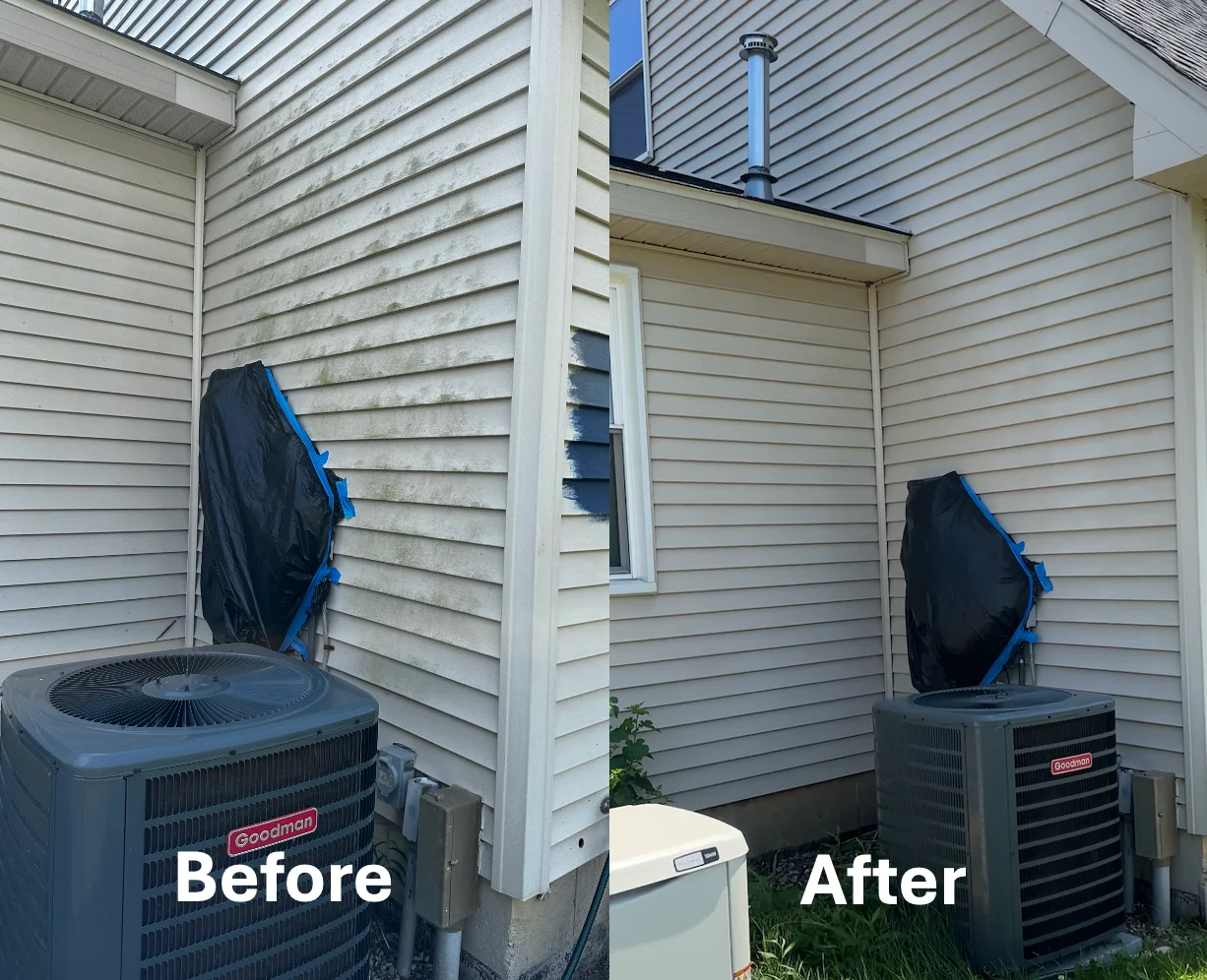 Vinyl siding pressure washing before and after, light gray horizontal siding cleaned
