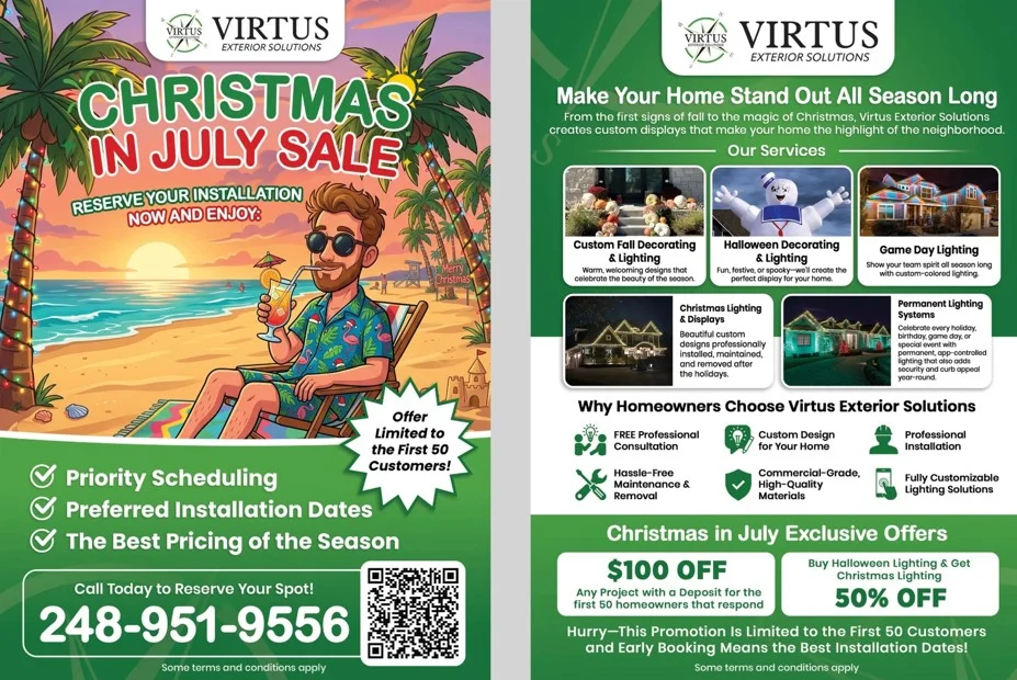 Promotional graphics for outdoor lighting installation services featuring Christmas, Halloween, and game day lighting displays