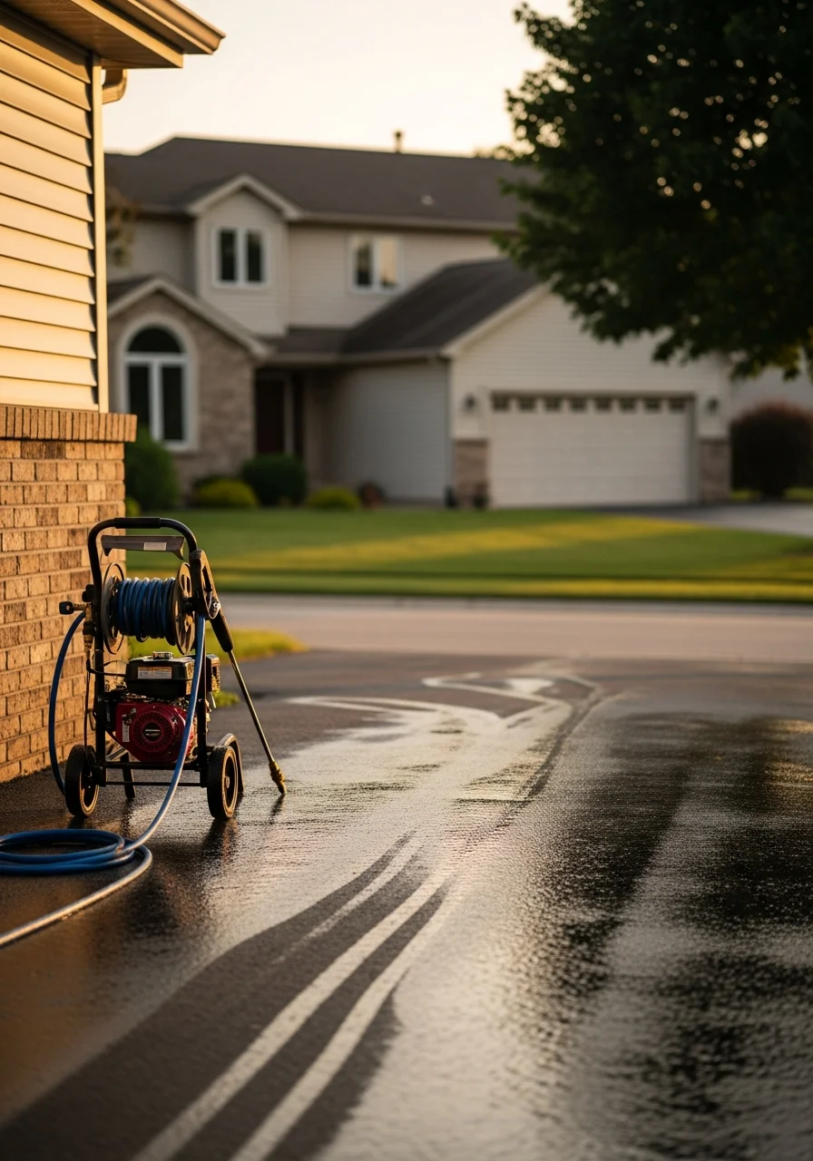 Professional pressure washing equipment cleaning residential driveway in Canton