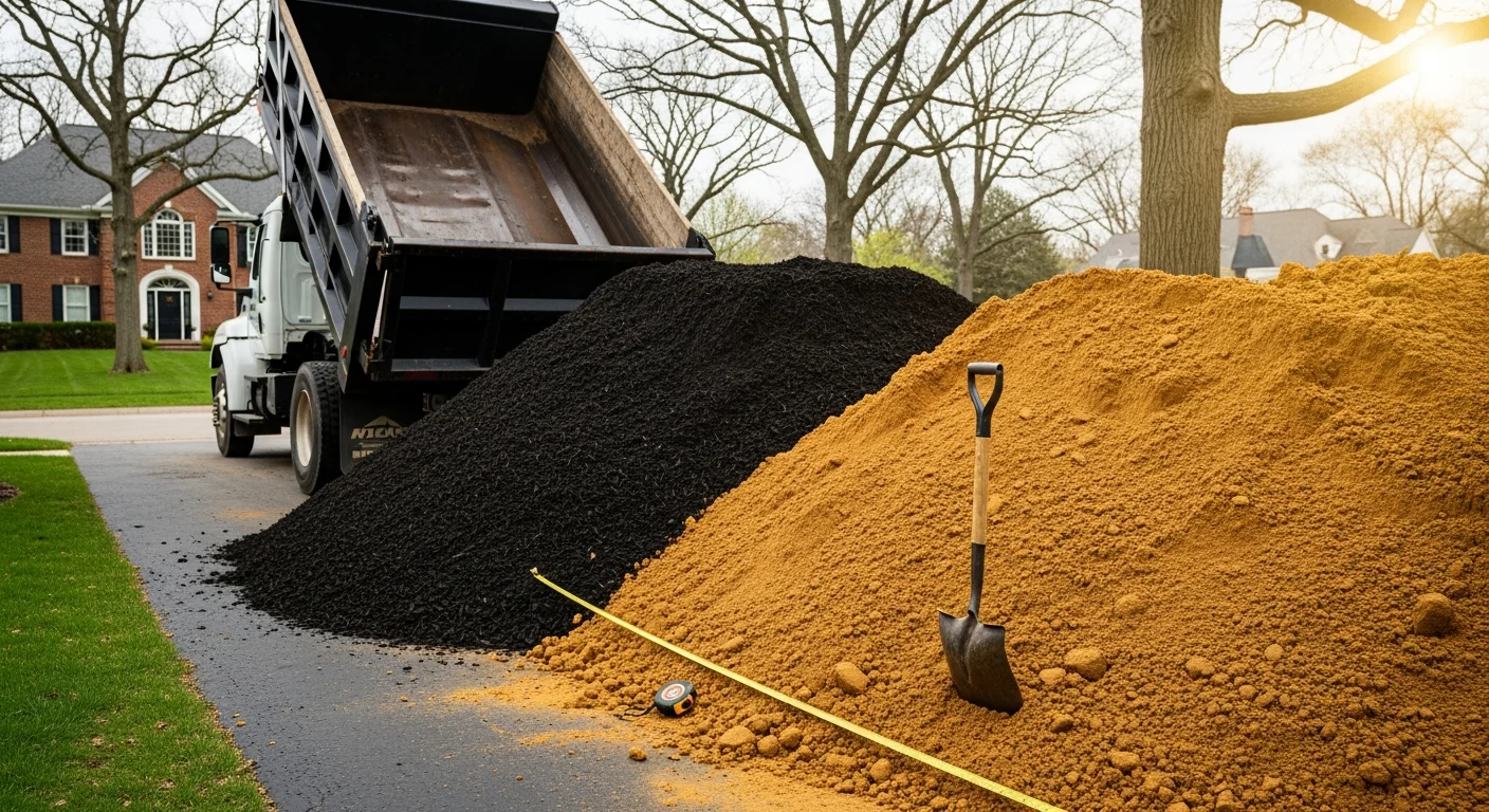 A bulk load of topsoil and mulch delivered to a residential driveway in Birmingham, MI, staged near a landscaped garden bed ready for spreading. A dump truck is positioned on a tree-lined street typical of Oakland County neighborhoods.