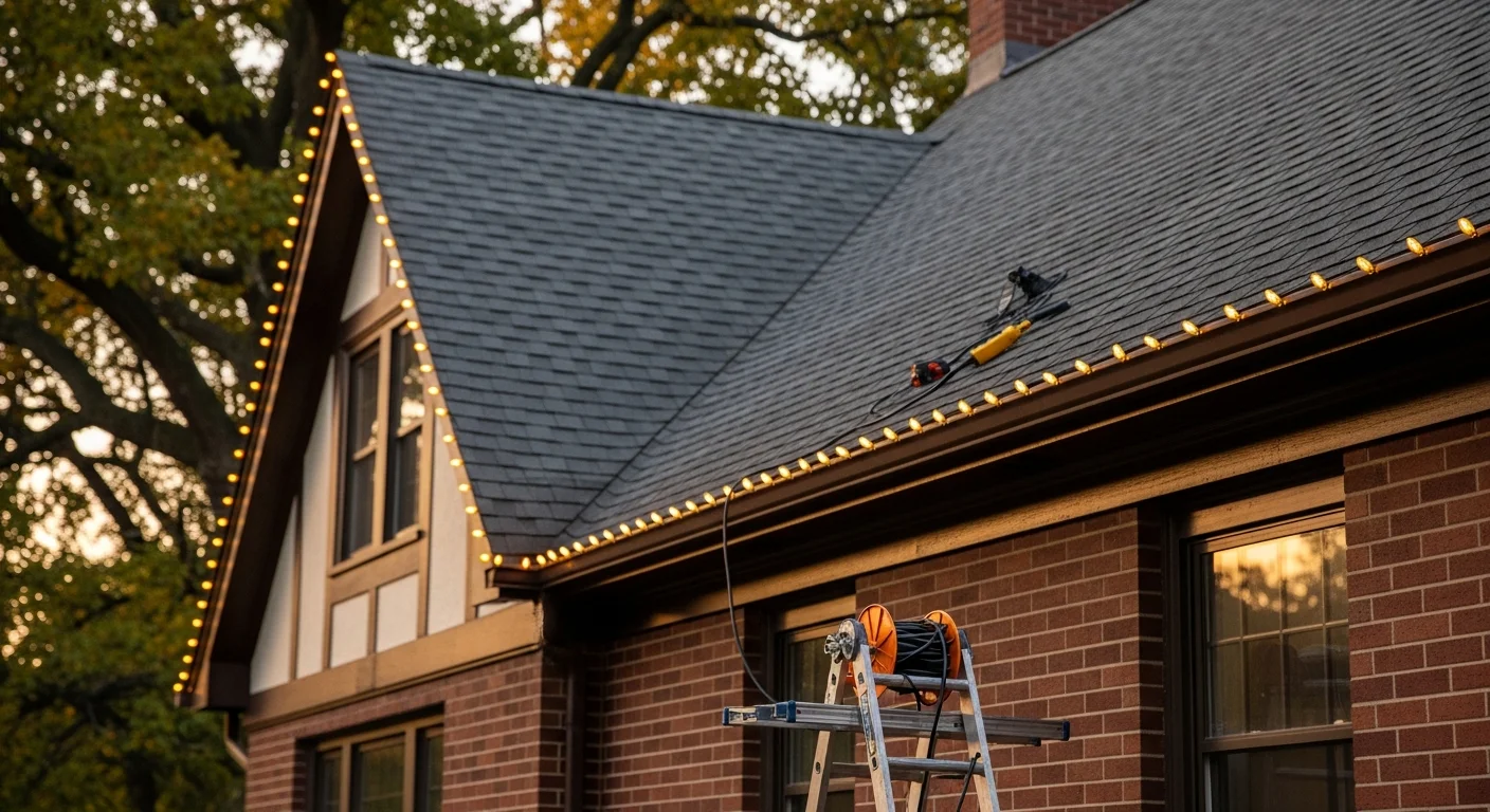 Professional Christmas lighting installation on a brick Tudor Revival home in Birmingham, MI, with evenly spaced warm white lights along the roofline, gabled peaks, and wrapped front yard trees. The display is photographed at dusk against a dark Michigan winter sky.