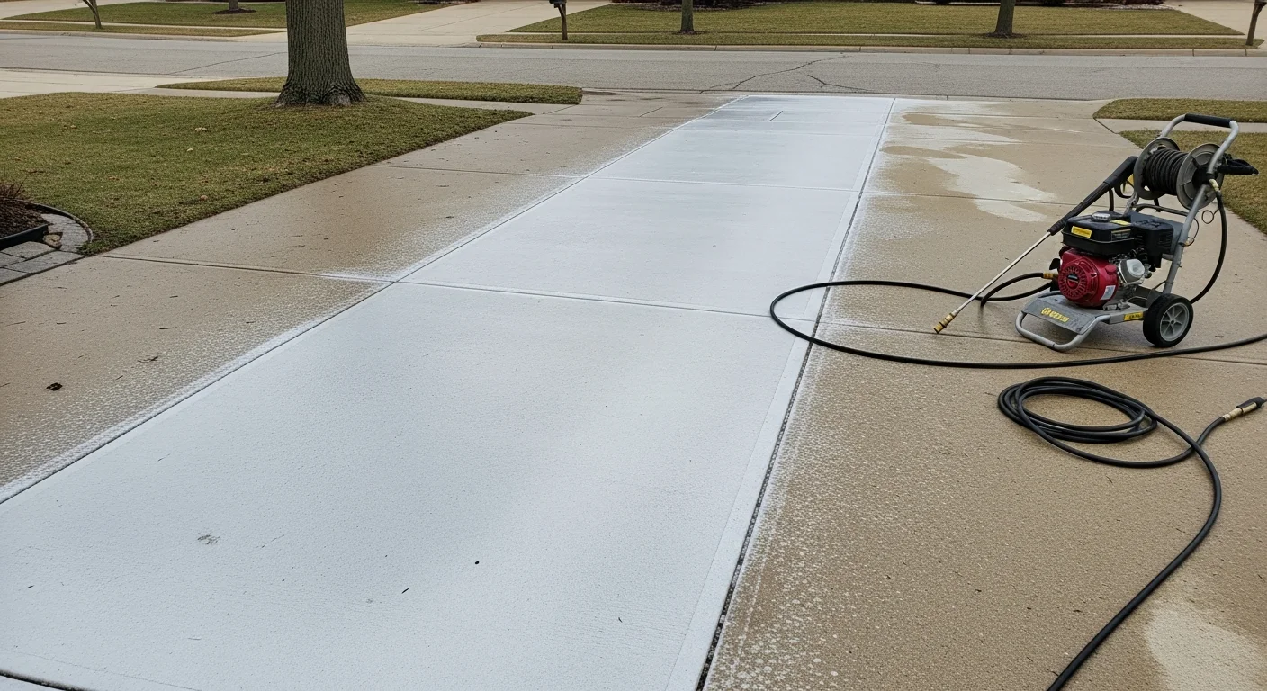 A residential concrete driveway in Birmingham, MI shown after professional pressure washing, with uniform gray surface color and no visible oil stains or salt residue. The cleaned driveway extends from the street apron to a two-car garage on a tree-lined property.