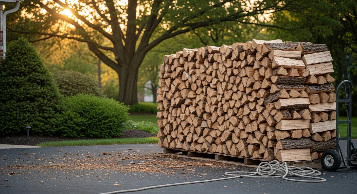 A neatly stacked cord of split hardwood firewood delivered to the side yard of a brick Colonial home in Birmingham, MI. The wood is arranged in rows beside a covered storage area with a mature tree line visible in the background.