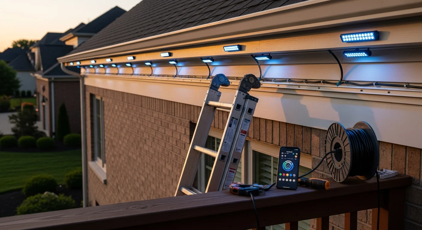 Permanent LED game day lighting installed along the roofline of a two-story Birmingham, MI home, displaying team colors at night with no visible wiring. The trim track sits flush against the eaves, keeping the exterior clean and low-profile.