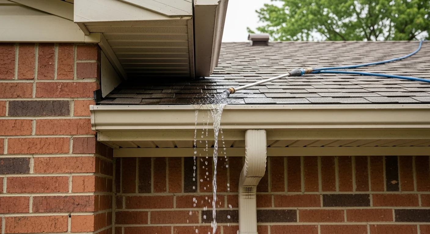 A Virtus Exterior Solutions technician clearing packed leaves and debris from the gutters of a two-story residential home in Birmingham, MI. The cleaned gutter section shows open, unobstructed flow toward the downspout against a backdrop of mature oak trees.