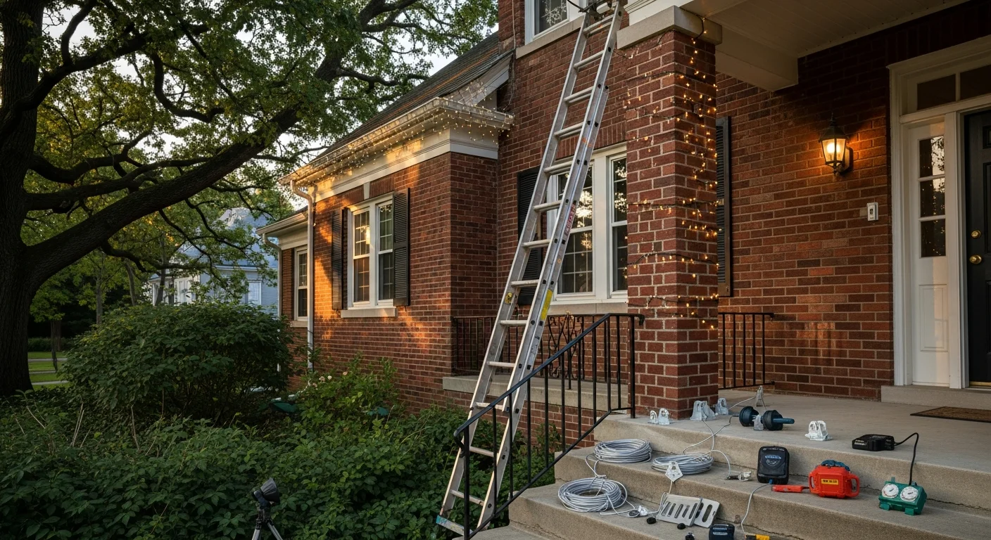 Professional holiday lights installed along the roofline and entry porch columns of a brick Colonial Revival home in Birmingham, MI. Warm white lights follow the fascia and gabled roofline with clean, even spacing against a winter evening sky.