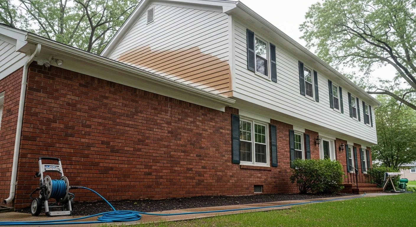 A two-story Birmingham, MI home with clean vinyl siding after professional house washing, showing no algae streaks or mildew staining on the exterior panels and soffits. A pressure washing technician works along the front facade of the home on a clear Michigan day.
