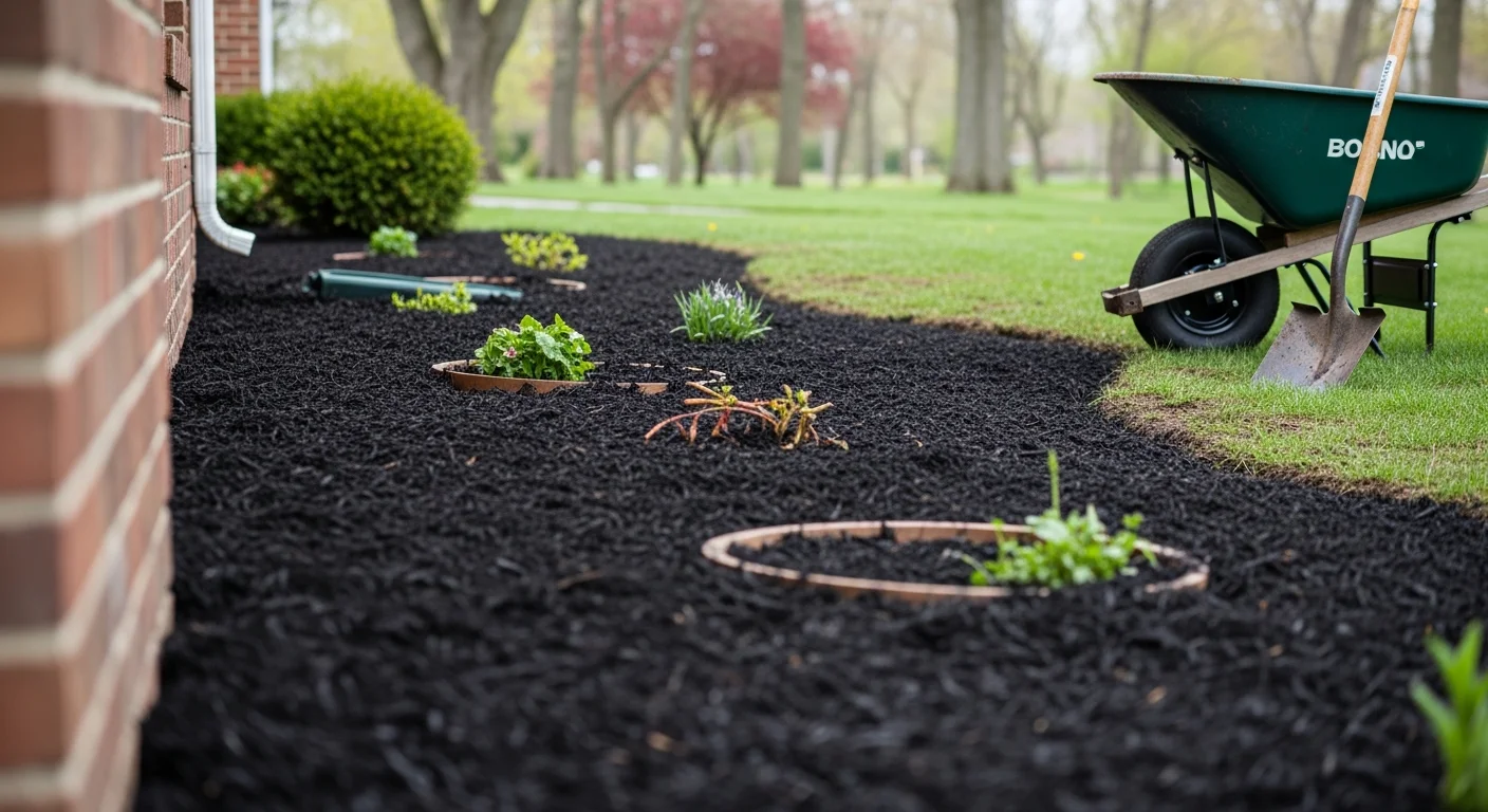 A bulk mulch pile delivered to the driveway of a residential home in Birmingham, MI, with freshly mulched garden beds visible along the front foundation. Dark brown mulch covers planting beds surrounding mature shrubs on a tree-lined Birmingham street.
