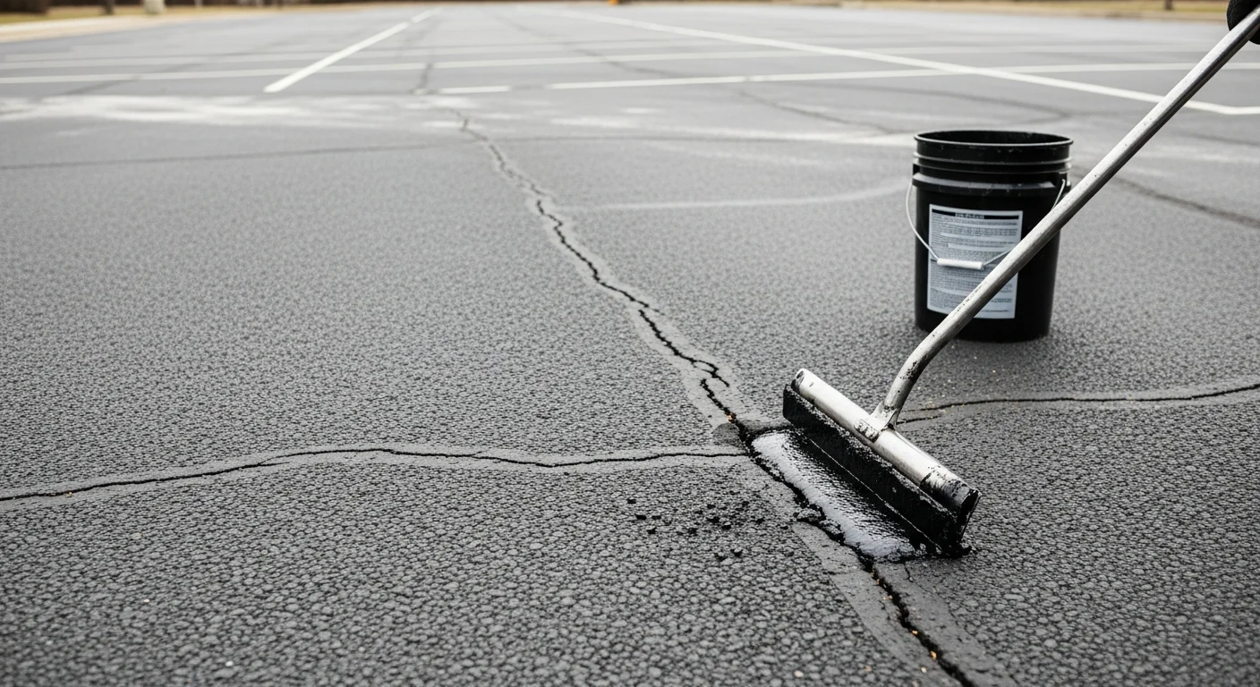 A freshly crack-filled commercial parking lot surface in Birmingham, MI, showing sealed linear cracks across dark asphalt with clean lot markings visible. Close-up view shows the filled crack lines running across the pavement in an active commercial property setting.
