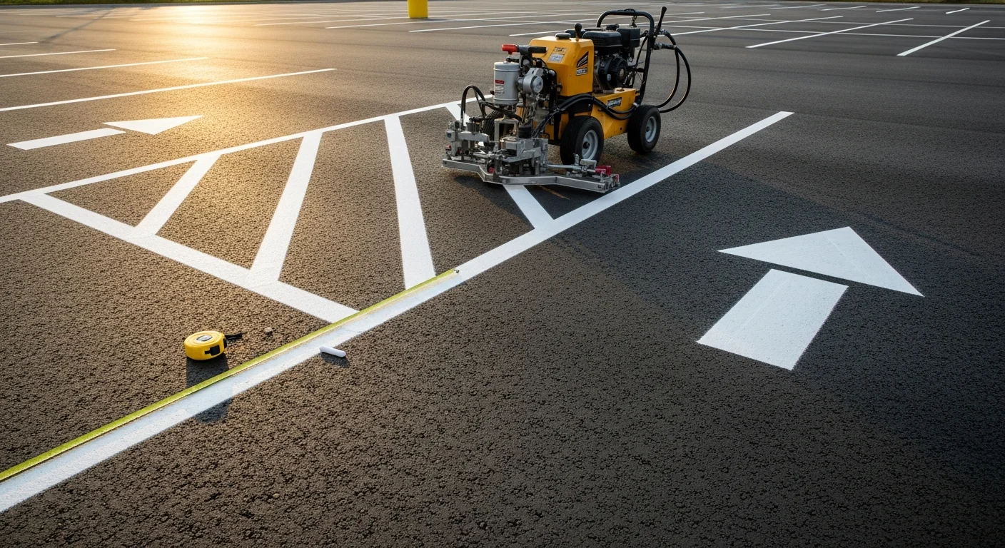Freshly striped commercial parking lot in Birmingham, MI showing bright white stall lines, a marked ADA-accessible space with access aisle, and a clearly painted fire lane along the building edge. Overhead view of a mid-size asphalt lot typical of an Oakland County office or retail property.