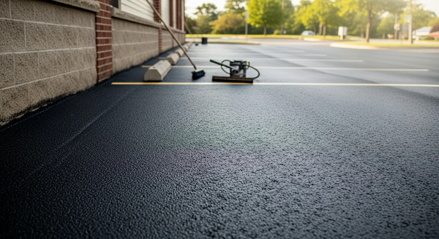 A freshly sealcoated commercial parking lot in Birmingham, MI with a uniform dark surface and clearly visible painted parking stall lines. The lot is adjacent to a commercial building, showing the clean finished result of professional sealcoating service.
