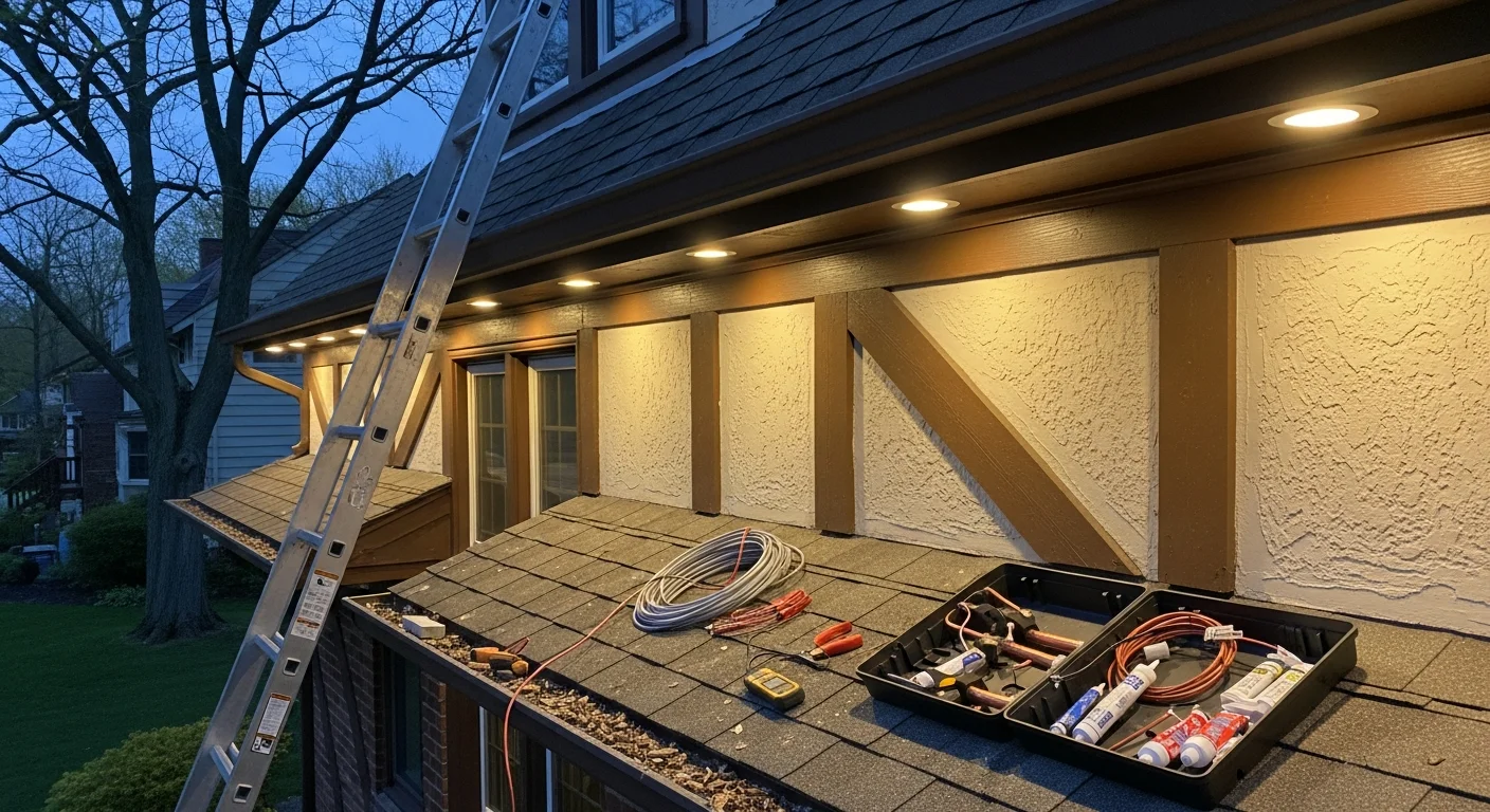 Permanent LED outdoor lighting installed along the roofline of a Tudor-style home in Birmingham, MI, with fixtures illuminating the front facade and landscaping at dusk. The lights display a warm white color against the home's brick exterior and mature tree-lined front yard.