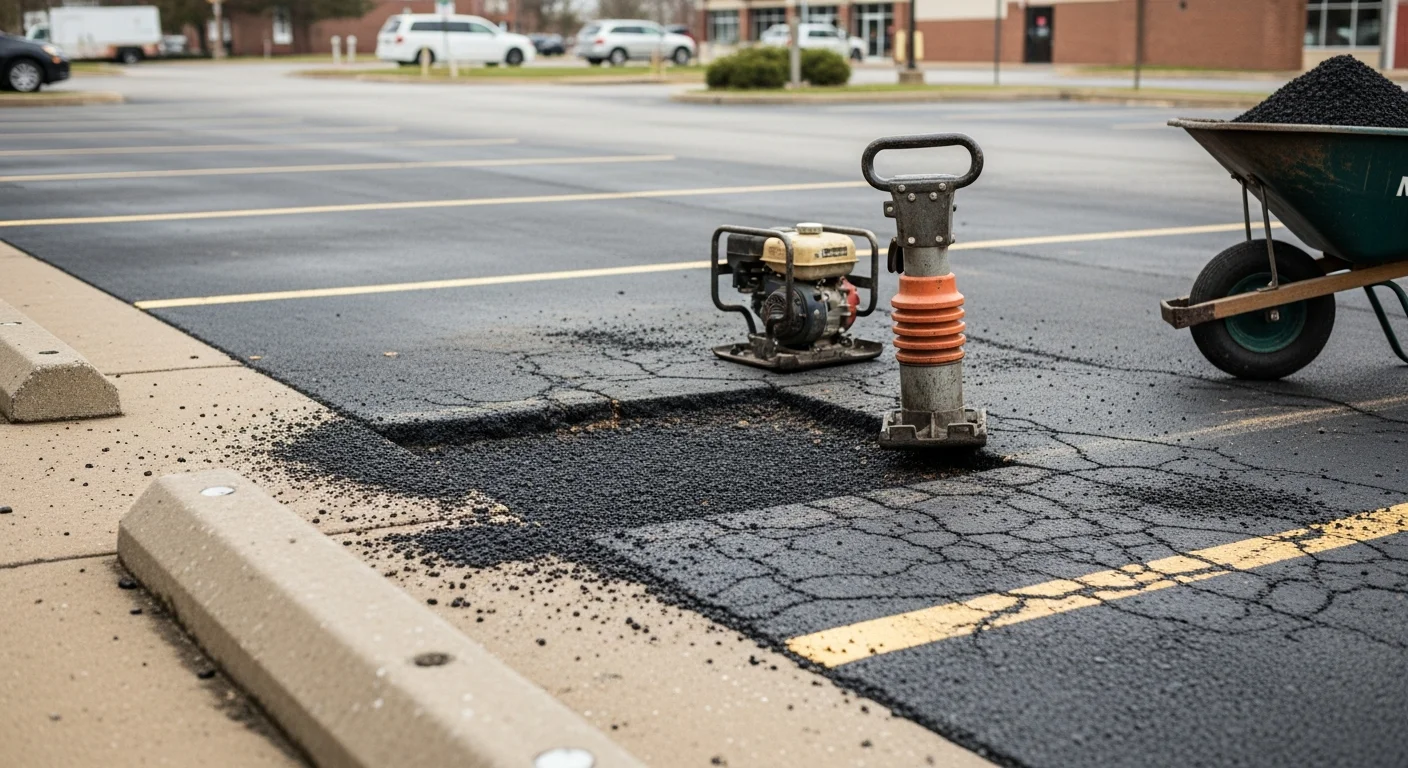 A freshly patched asphalt pothole in a commercial parking lot in Birmingham, MI, with the repaired surface compacted flush to the surrounding pavement. The lot shows multiple repaired sections alongside intact asphalt on a clear day.