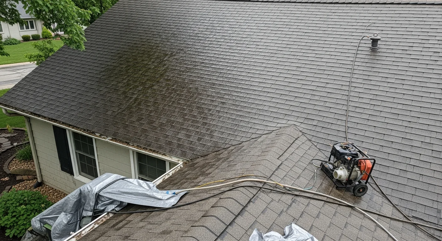 A Birmingham, MI residential roof with asphalt shingles being soft washed by a technician, showing dark algae streaks on one side and clean shingles on the treated side. Mature trees surround the home in the background.