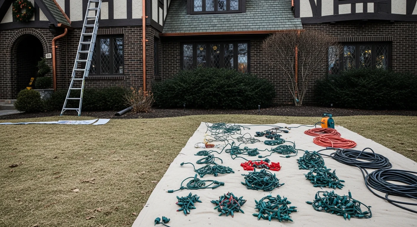 A Virtus Exterior Solutions crew member carefully removing holiday light strands from the roofline and gutters of a Tudor-style home in Birmingham, MI. The home's exterior is shown with all clips and wiring fully cleared, leaving a clean roofline after the seasonal display takedown.