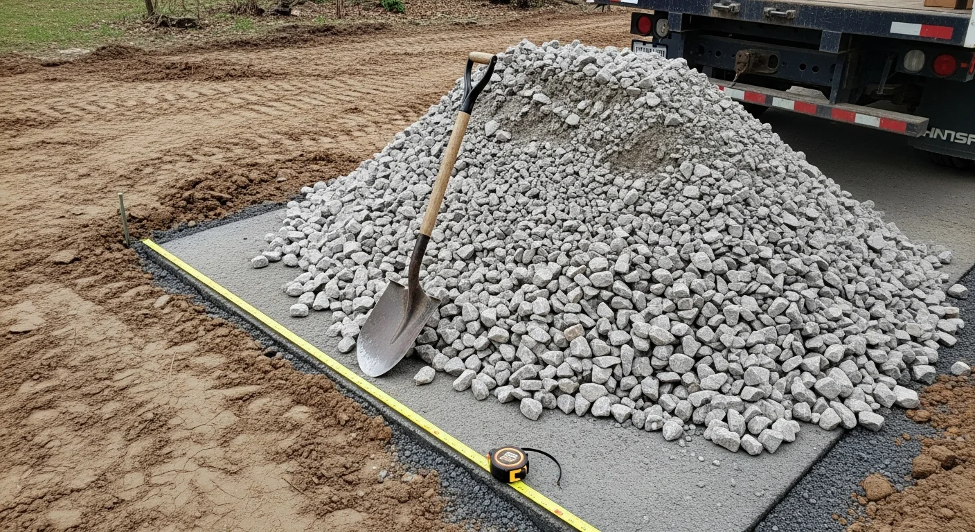 A bulk load of angular crushed stone freshly delivered to a residential driveway in Birmingham, MI. The stone is spread across the surface with a brick-facade home and mature trees visible in the background.