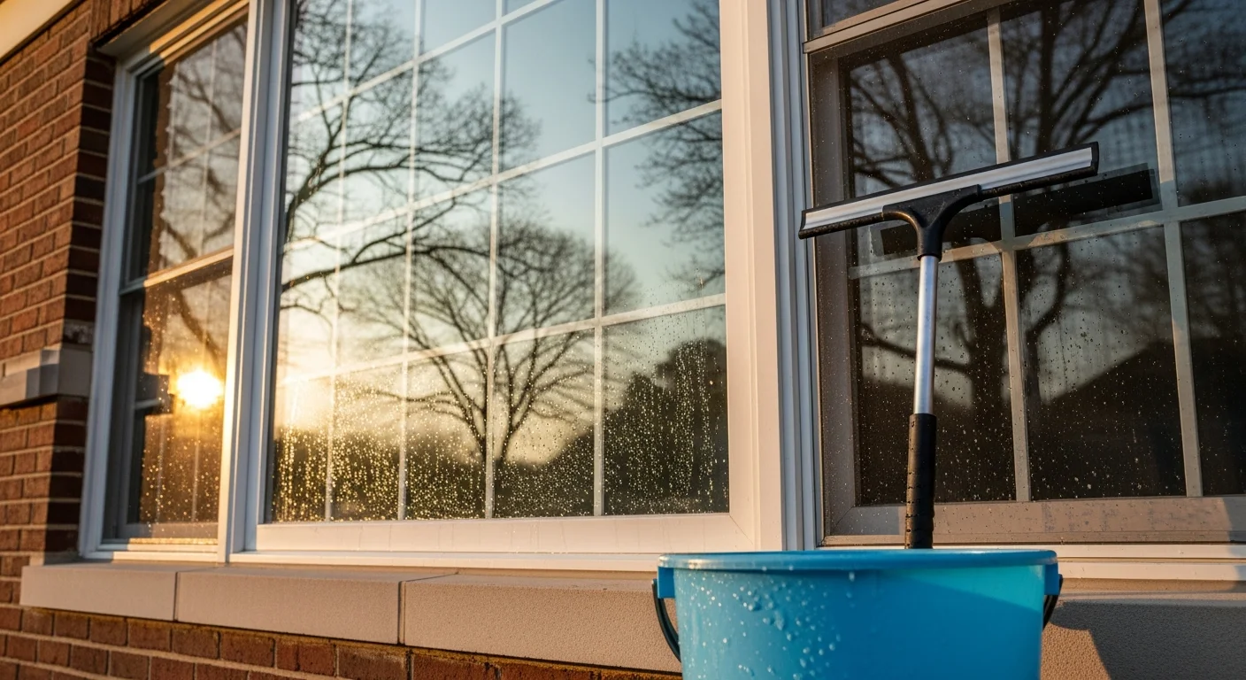 A technician from Virtus Exterior Solutions cleaning the exterior windows of a two-story Colonial Revival home in Birmingham, MI. The glass is streak-free and reflects the tree-lined street clearly after the service.